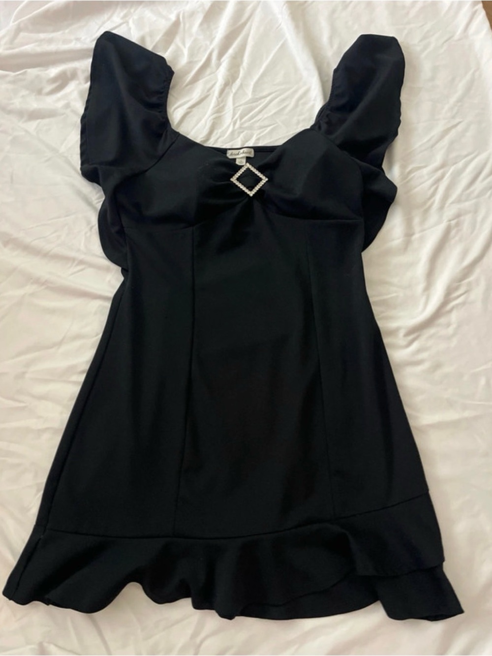 Black ruffle sleeve Mini Dress with Rhinestone Accent